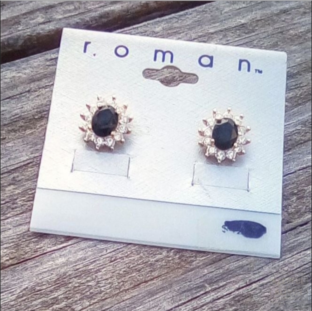 Roman Vintage Black Oval Rhinestone Halo Cluster Stud Earrings Gold Tone